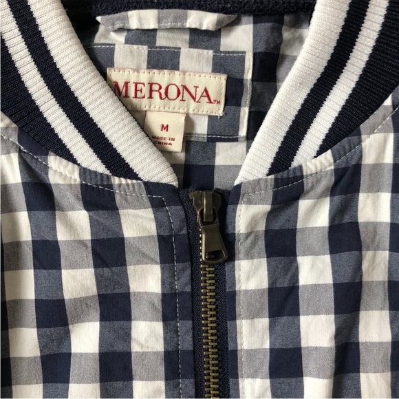 Merona Blue and White Gingham Bomber Jacket Size Medium - Picture 3 of 5